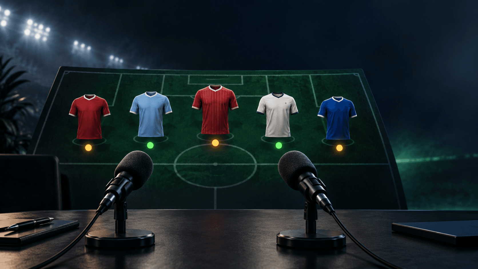 Two microphones sit before a tactical football board holding five generic shirts, with amber and green status lights beneath them.