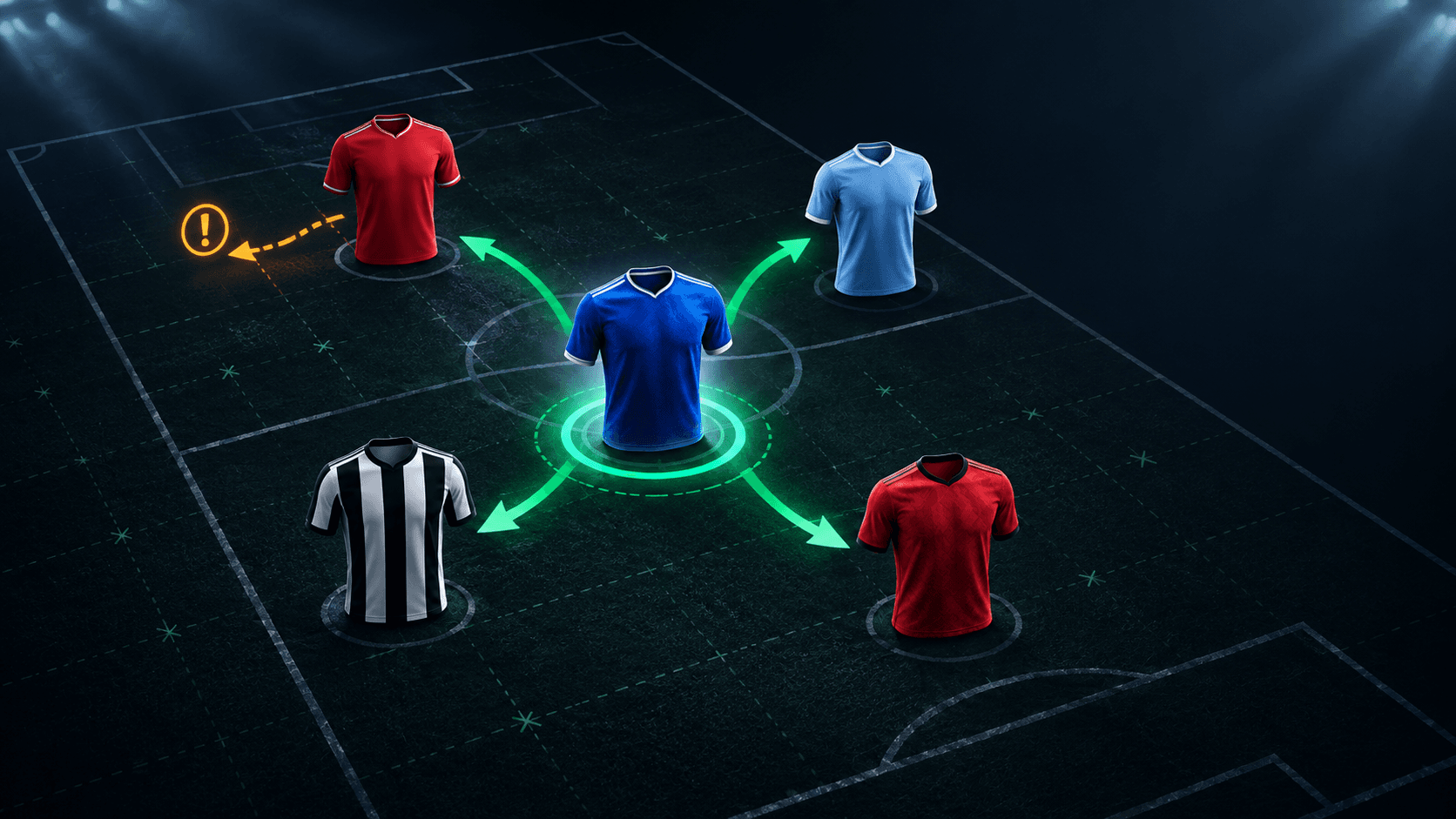 Five generic football shirts on a dark tactical pitch, with a blue shirt highlighted by green transfer arrows and an amber uncertainty symbol beside a red shirt.
