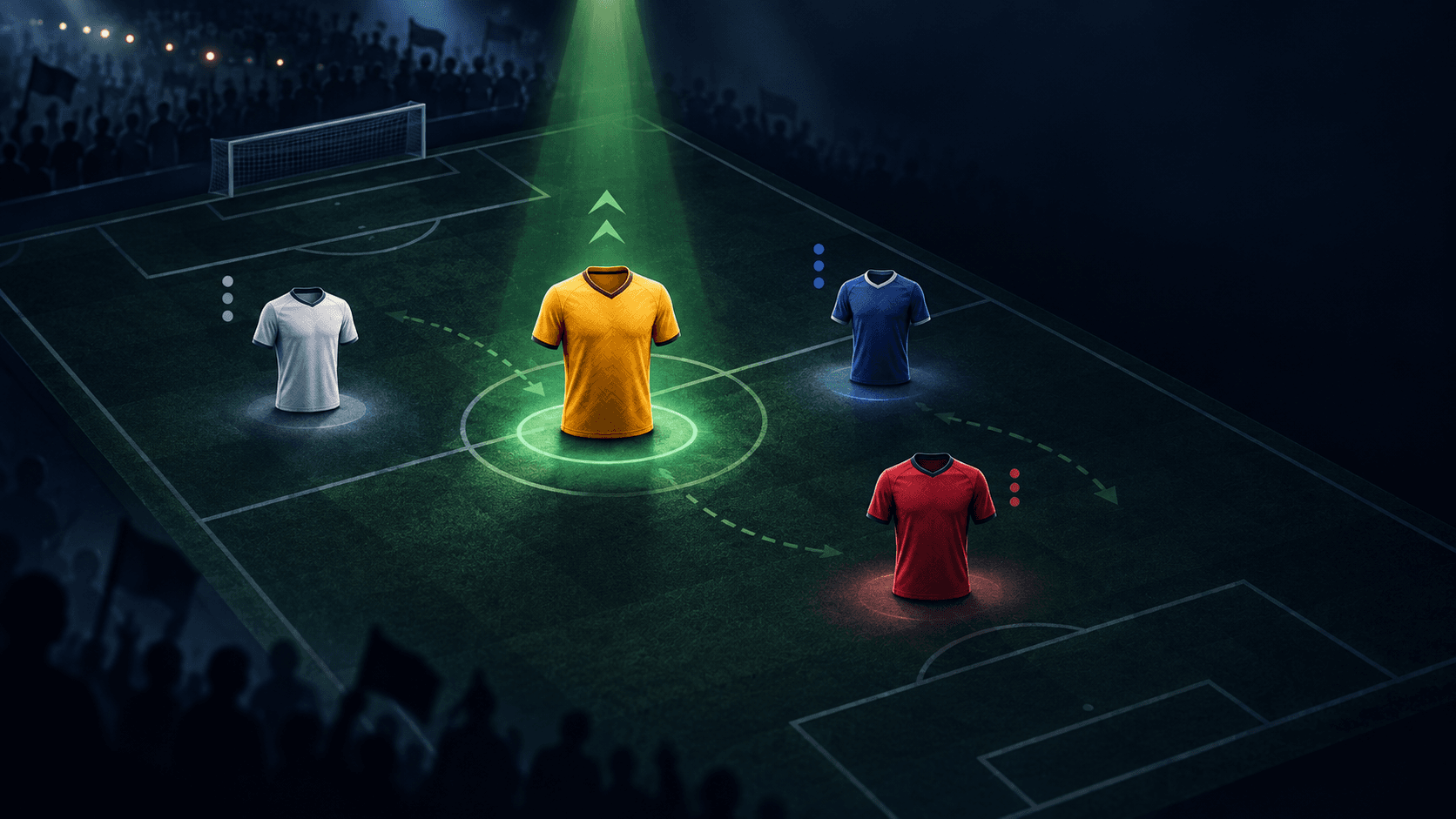Four generic football shirts on a shadowed tactical pitch, with an amber shirt under a green spotlight and quieter shirts in surrounding lanes.